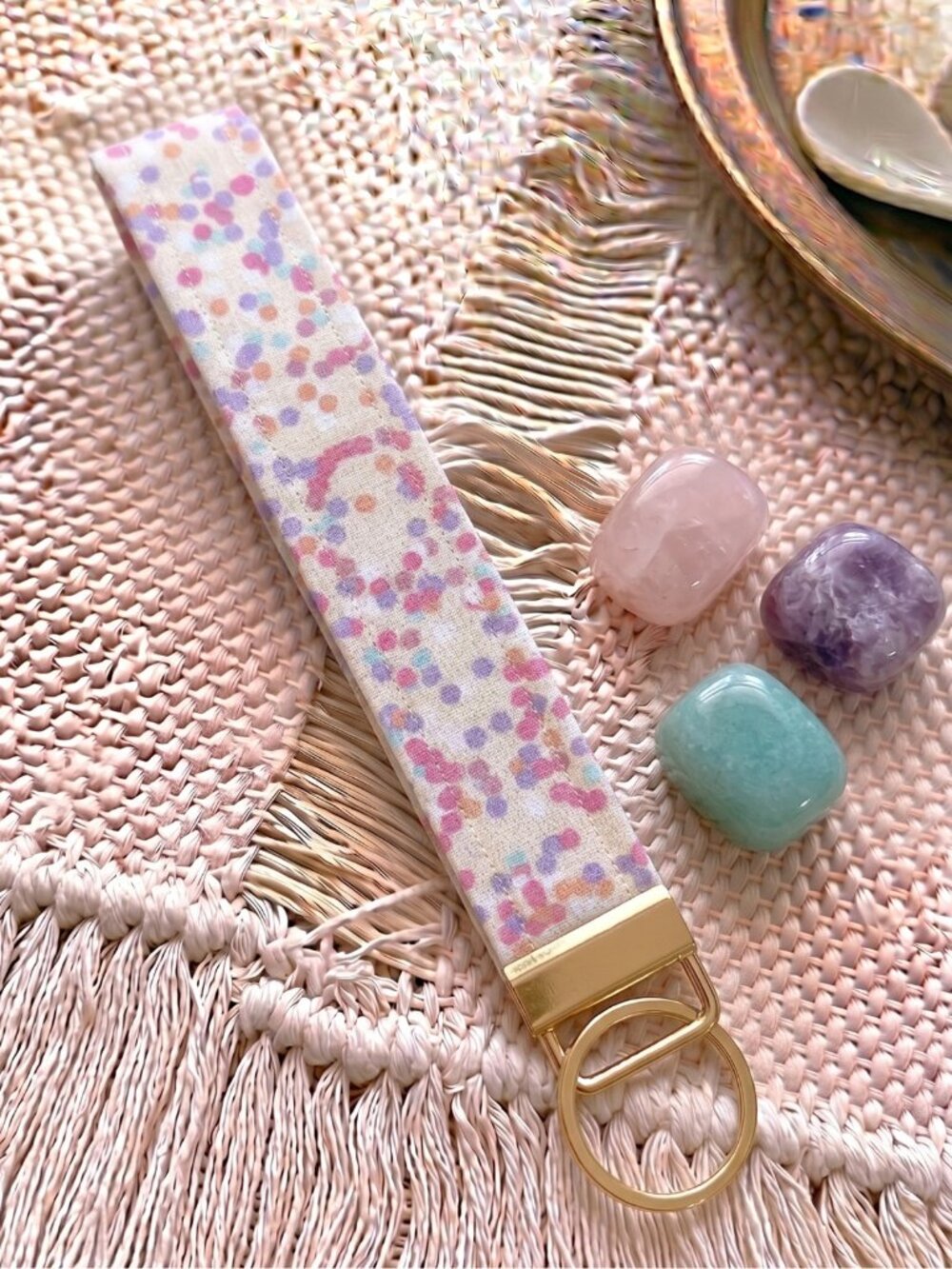 New Handmade Cream Confetti Polka Dot Pastel Fabric Key Fob Wristlet Keychain